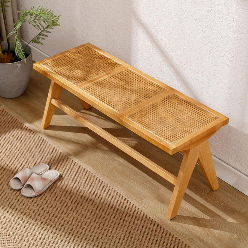 45” Natural Rattan Entryway Bench With Footrest, Natural