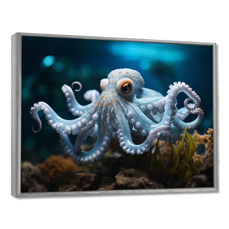 Blue Octopus Serene submersion - impression, H 24 po x l 32 po x P 1 po, Encadrement argenté