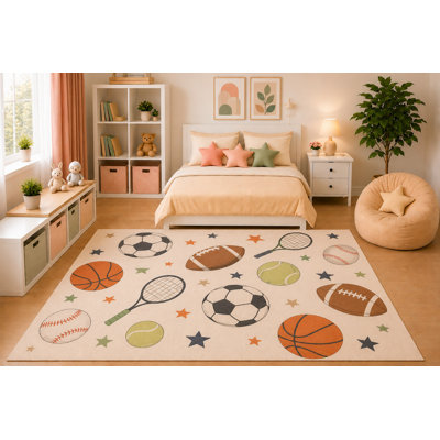 "Ultra Lightweight" 5'x7' Kids Area Rug Multi Sports Equipment Rug Soccer Basketball Baseball Football Tennis Bedroom Playroom Decor Non-Slip Silicone Backing Low Pile