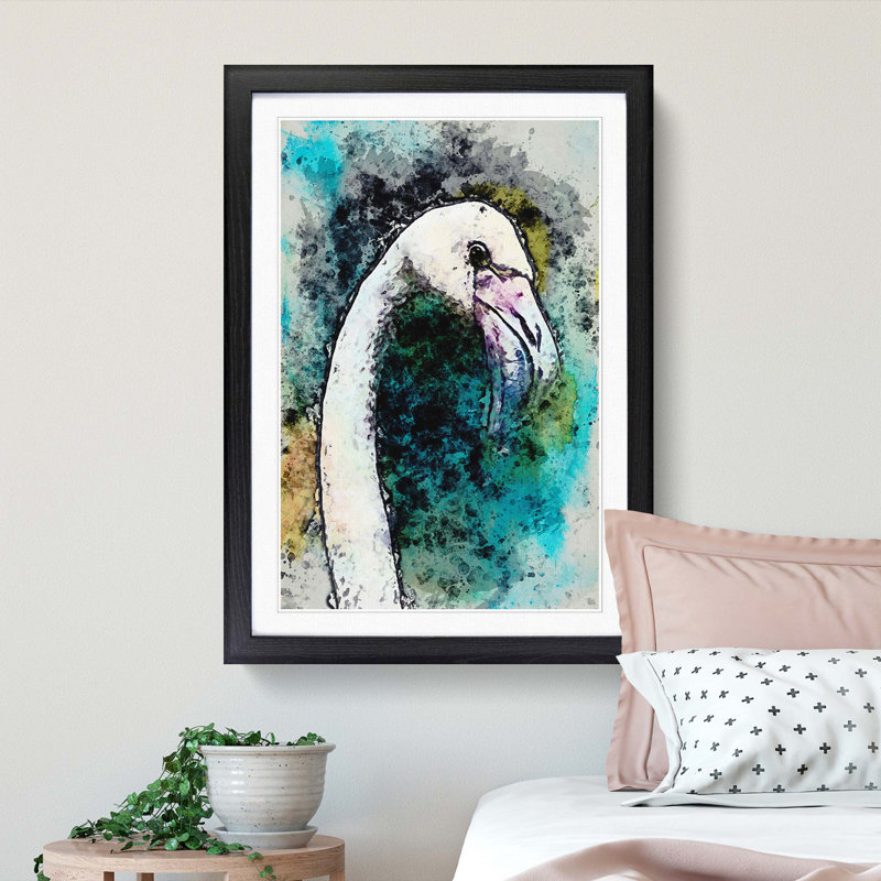 A Pink Flamingo Bird in Abstract - Picture Frame Painting Print, Black Framed, 65cm H x 48cm W x 2cm D