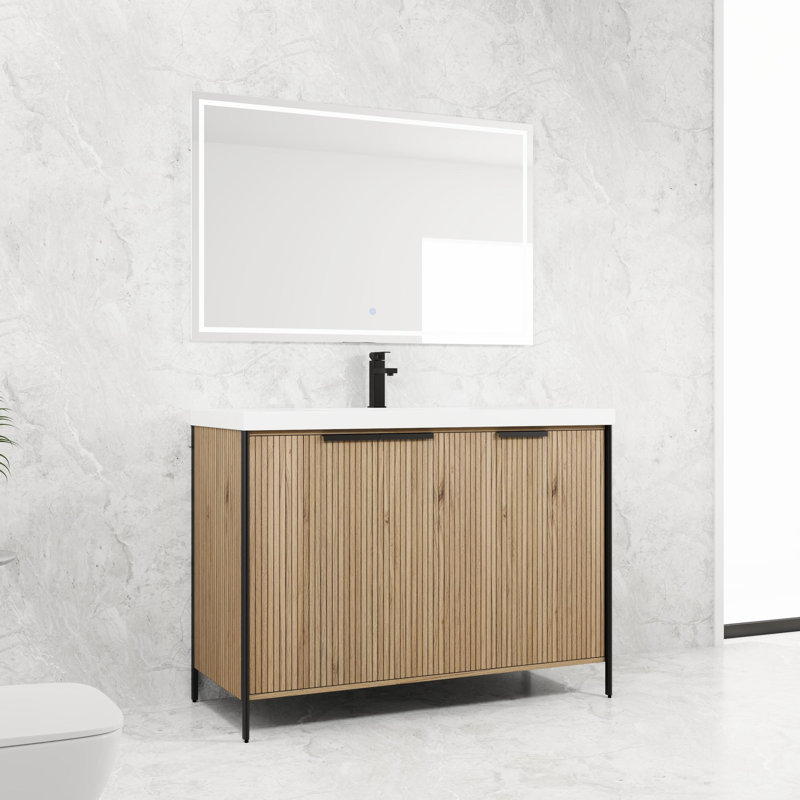 Meuble-lavabo de salle de bain avec lavabo en résine. 3 portes d'armoire à fermeture en douceur. Style moderne. Rangement spacieux. Contreplaqué. Évier autoportant 48 po Coffee Hue. Conception. Vaste espace de rangement. Contreplaqué. Apparence