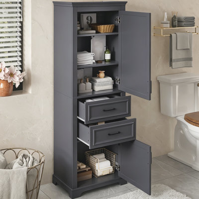 Armoire à linge de salle de bain autoportante de 71 po de hauteur, portes et tiroirs à fermeture en douceur, tablettes réglables et fixes, peu encombrant