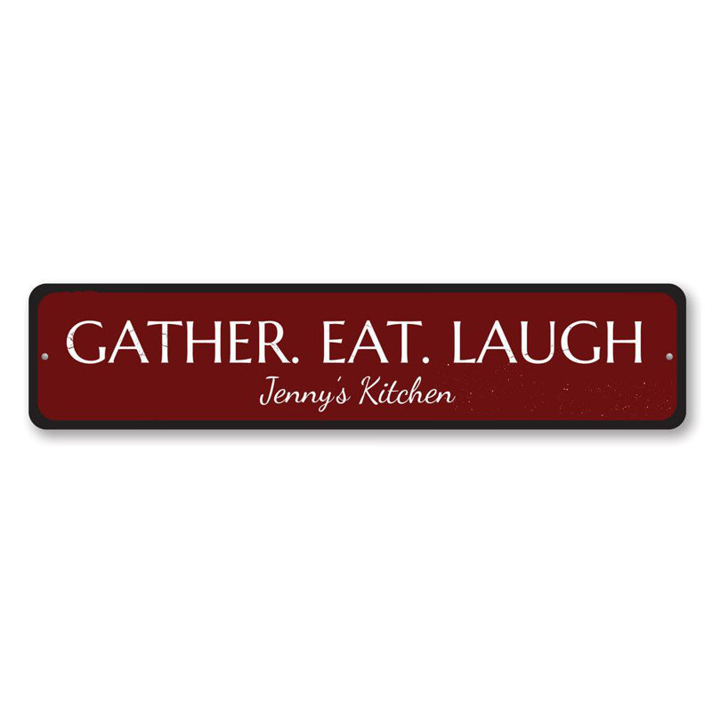Enseigne en aluminium «Gather Eat Laugh», H 6 po x l 24 po x P 0,06 po