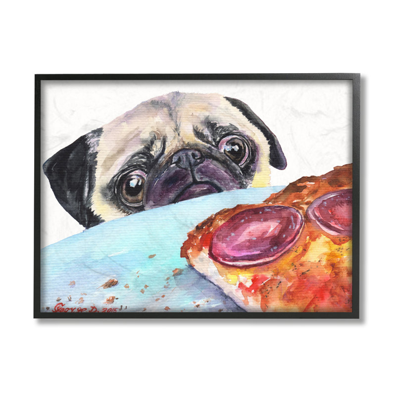 Portrait d'un chien humoristique affamé carlin et pizza, H 24 po x l 30 po, Giclée encadrée noir minuit