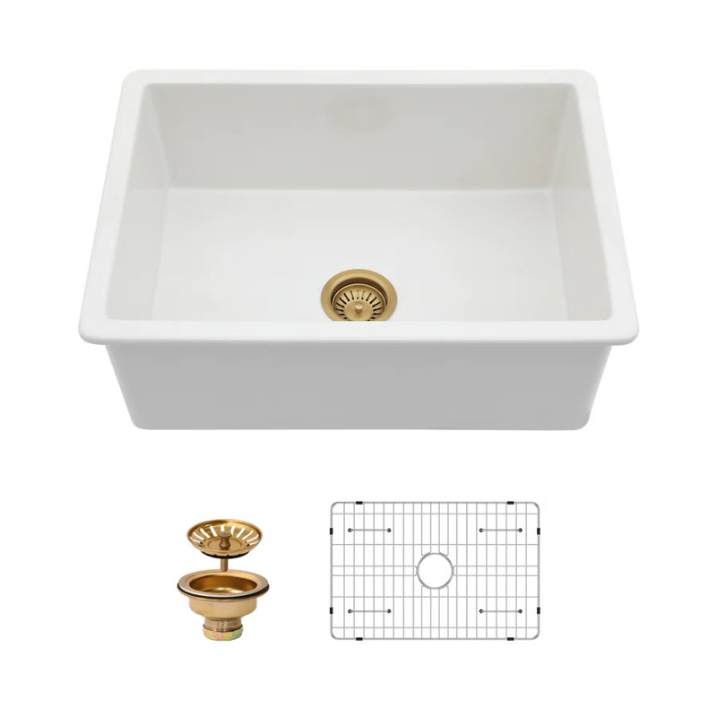 27" L x 19" W Ceramic Undermount Kitchen Sink Porcelain Single Bowl Kitchen Sink with Sink Grid and Basket Strainer
