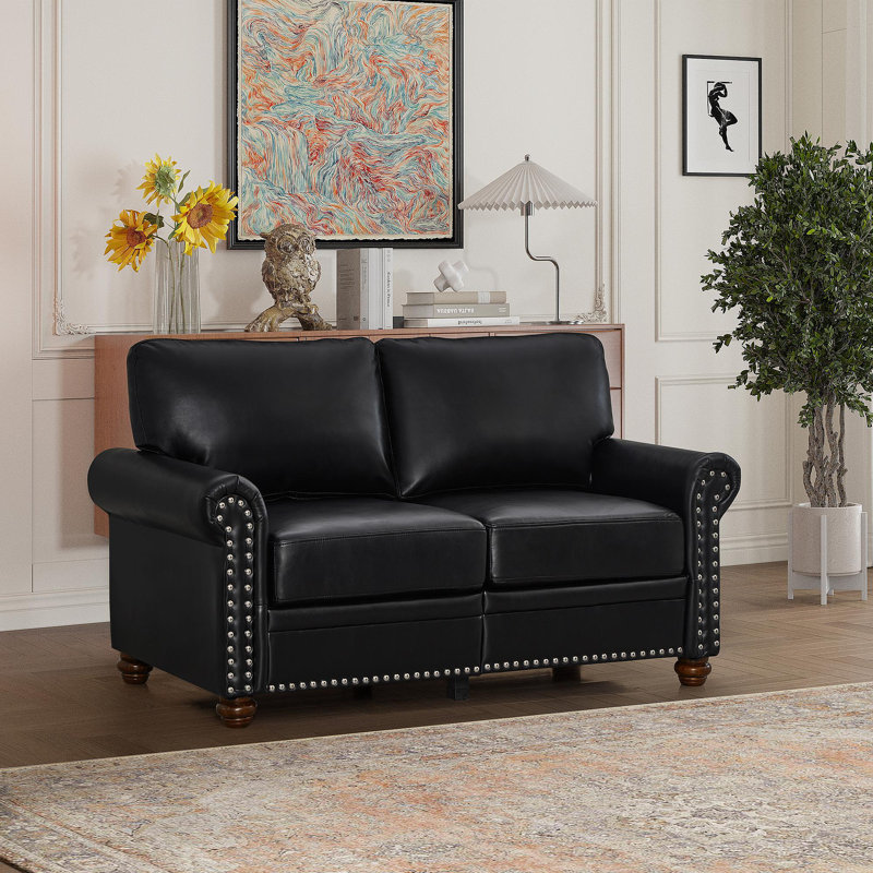 Living Room Sofa Loveseat Black Faux Leather, Black