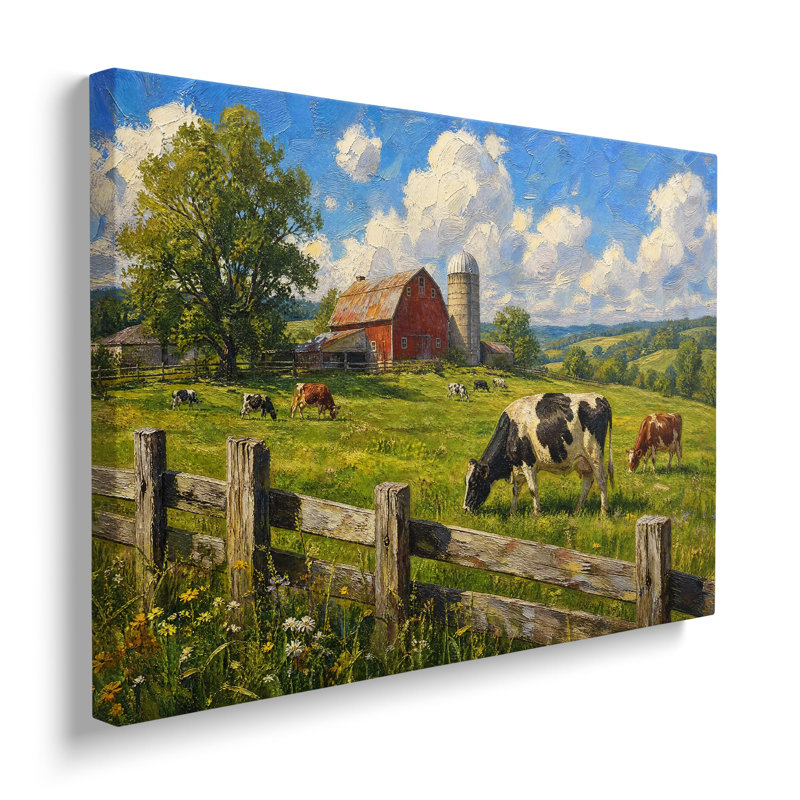 Reproduction sur toile d'une peinture de vaches broutant près d'une grange rouge et d'un silo - 50 x 75 cm, H 20 po x l 30 po