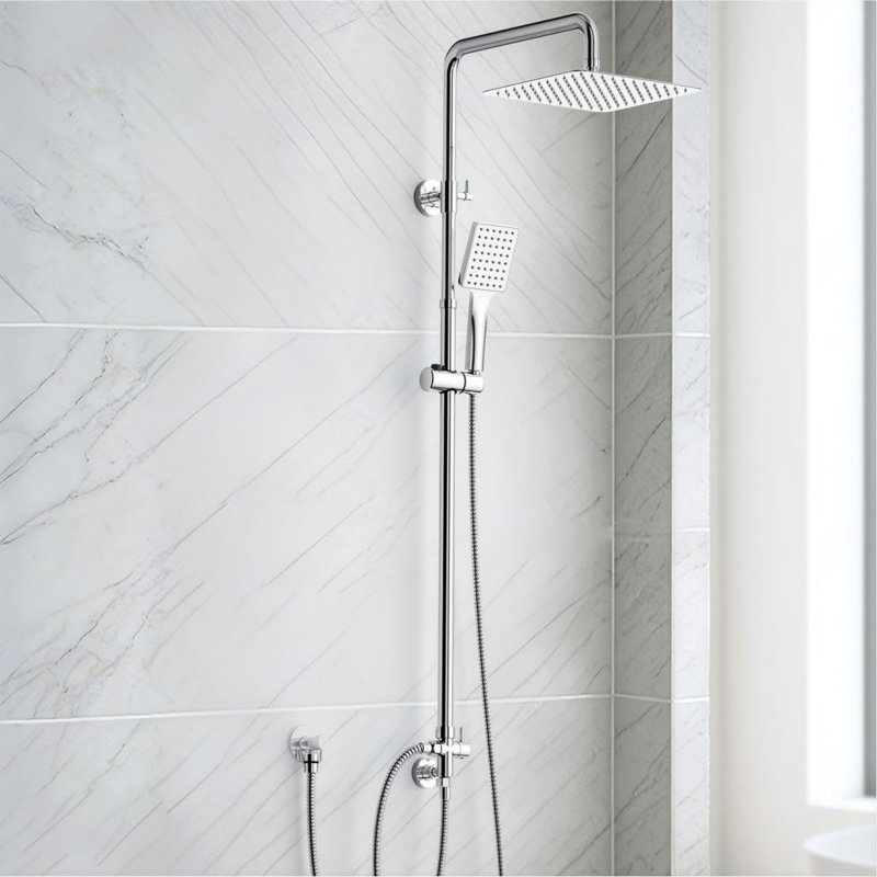Chrome Shower Riser Rail Kit with 25 cm Square Overhead Shower and Brass Diverter