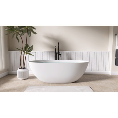 65" Matte White Freestanding Bathtub Deep Soak Oval Design, Solid Surface & Built-In Chrome Drain