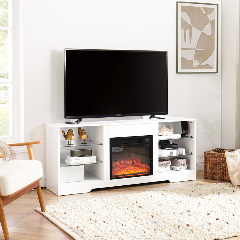Electric Fireplace Tv Stand With 2 Ports & Sockets - 58"W X 15.5"D 24.4"H White Console Glass Shelves, White, 62" Ready