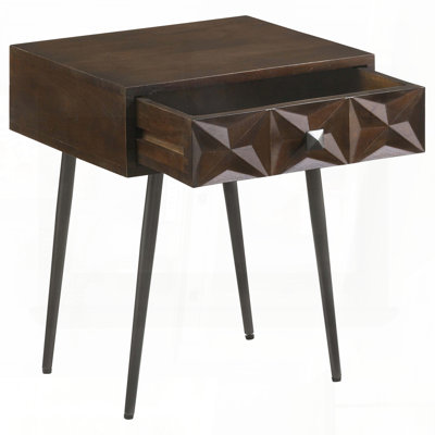 Dark Coffee Brown Side Table with Starburst Carved Drawer – Mid-Century