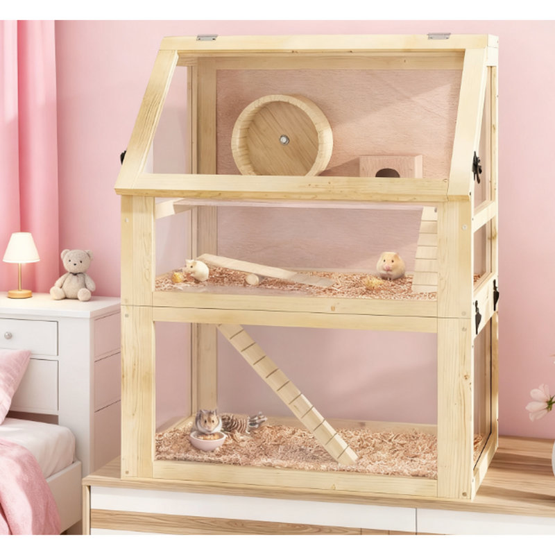 Cage en bois de hamster et de gerbille de l 23,6 po x P 15,7 po x P 29,5 po, structure à 3 couches, couches détachables pour l'entretien des tracas, balançoire à roue d'exercice, enceinte de panneaux transparents