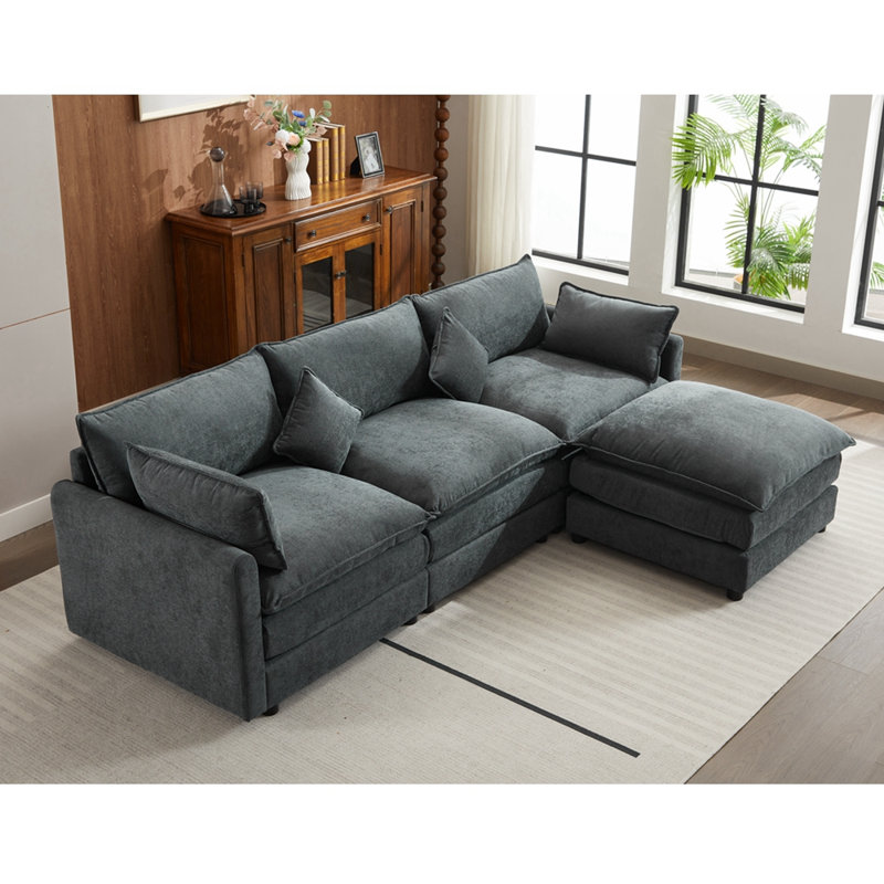 Majuma Chenille Fabric Upholstered 3-Seater Sofa with Ottoman, Dark Gray