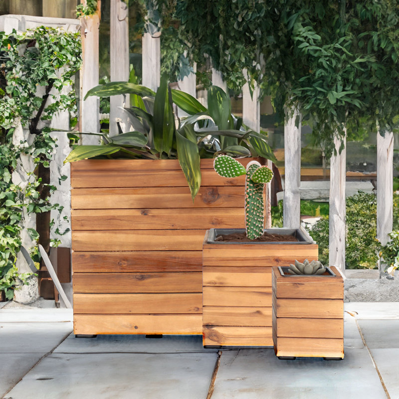 Breigha 3pc Assorted Square Acacia Wood Planter Box with Liner, Brown