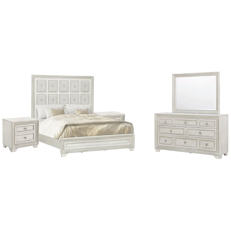 Très grand lit tapissier 2 tables de chevet et commode avec miroir Bonaire, Ensemble de 5 pièces : lit, 2 tables de chevet, 