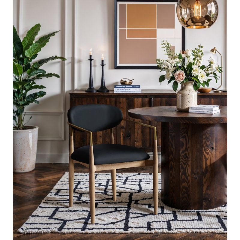Eligah Vegan Leather Upholstered Dining Arm Chair, Stained Natural / Brushed Brass, Black Vegan Leather
