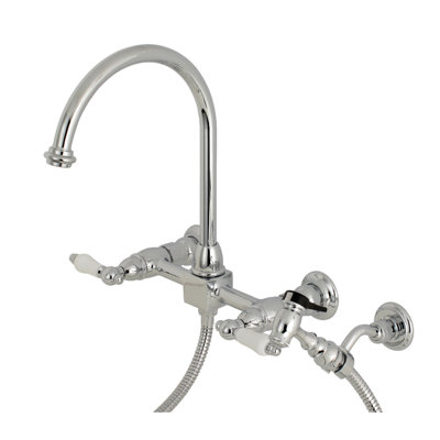 Kingston Brass Restoration Double-Handle 3-Hole Wall-Mount Bridge Kitchen Faucet with Brass Sprayer