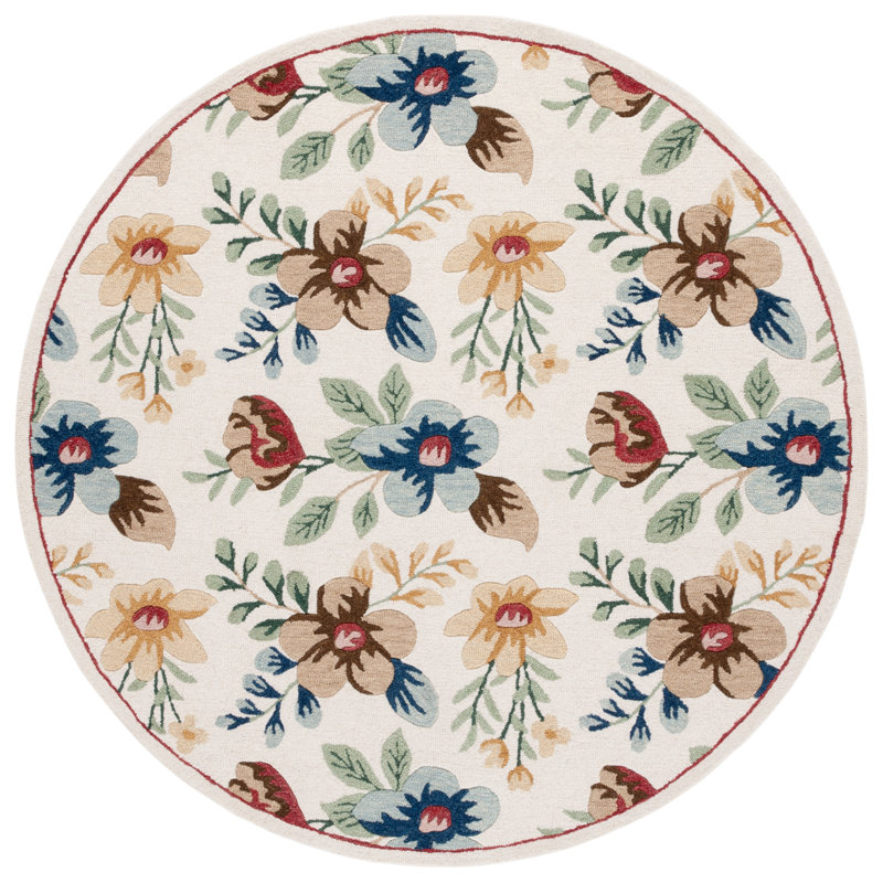 Abbeygail Hand Tufted Wool/Cotton Performance Floral Rug in Ivory/Blue, Round 6'