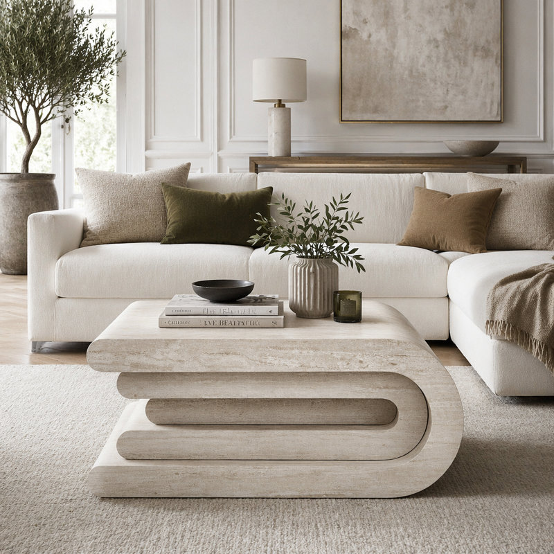 Table basse carrée en faux motif de travertin pour le salon