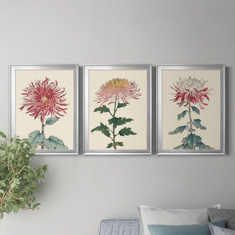 «Chrysanthemum Woodblock I», ensemble de 3 peintures sur toile encadrées, H 22,5 po x l 91,5 po x P 1,5 po, Argent