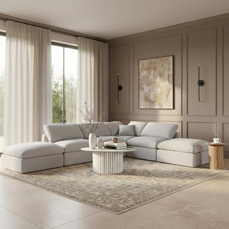 Canapé modulaire de coin rembourré 6 pièces Itala, Tissu gris texturé en lin