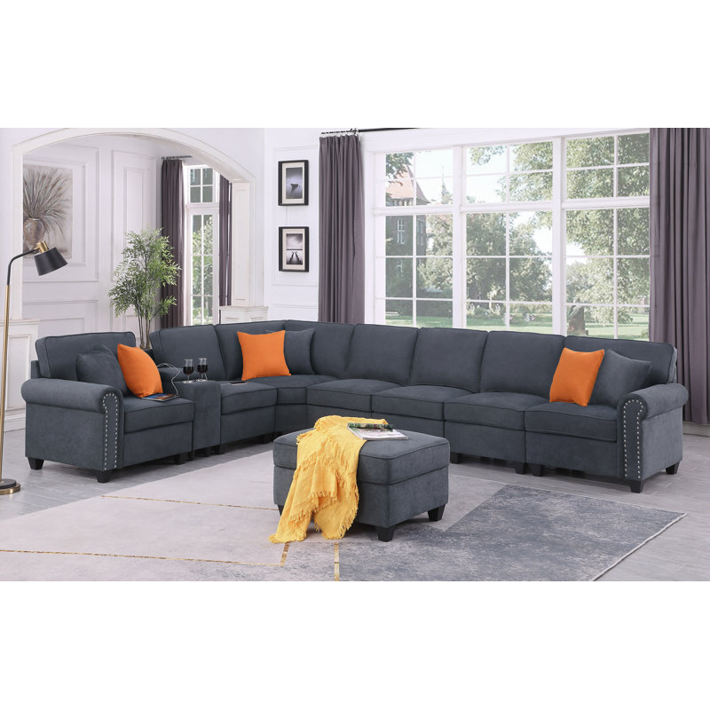 Kew Gardens Modular Corner Sectional with Ottoman, Dark Gray Polyester Blend