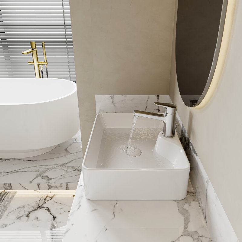 Denbigh 19" W x 14" D Vitreous China Rectangular Vessel Bathroom Sink with Faucet Hole, White