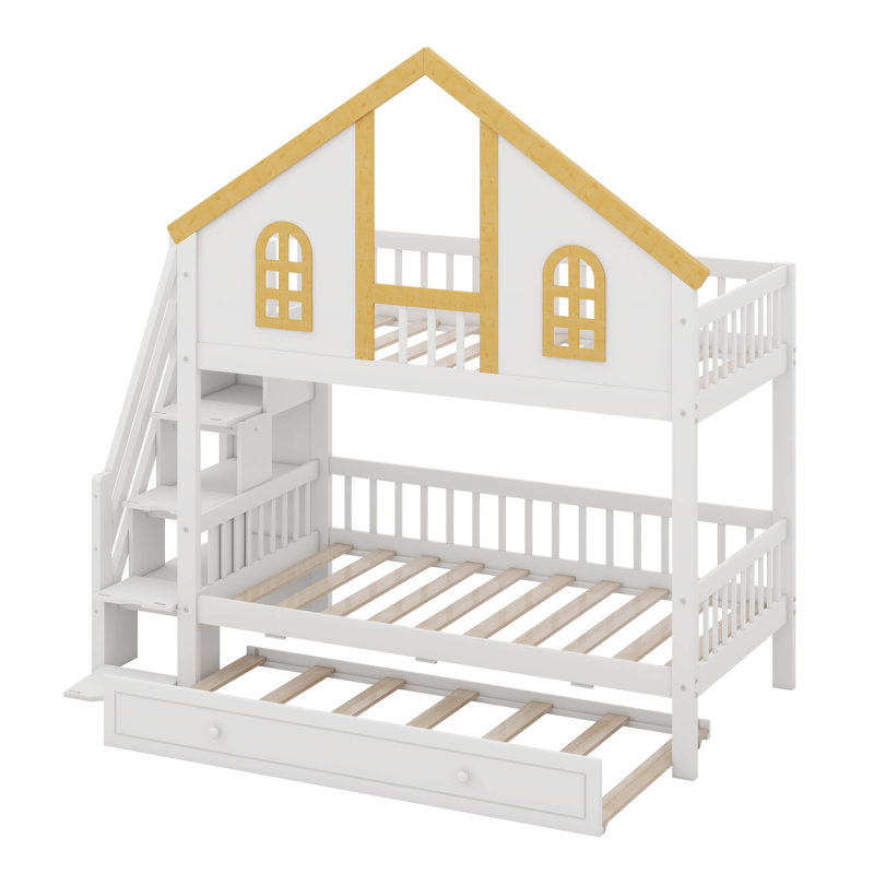 Lit superposé House avec escalier et lit gigogne, structure de lit superposé en bois massif avec rangement, Lit simple