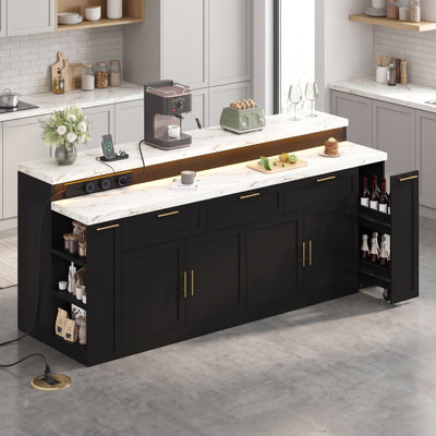 92" Double Side Kitchen Island with Power Outlets, Drawers, Cabinets & LED Strip, Modern Kitchen Island with Split-Level Countertop