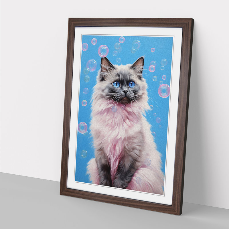 XYZ-FRM-V1223-5357 Ragdoll Cat Bubble Gum Painting - Single Picture Frame Print on Wood, Walnut, 34cm H x 25cm W x 2cm D