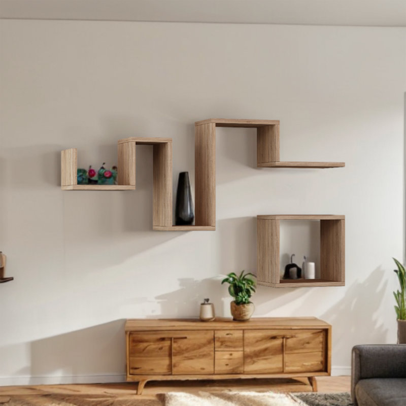 Vishnu 4 Piece Asymmetrical Accent Shelf, Oak
