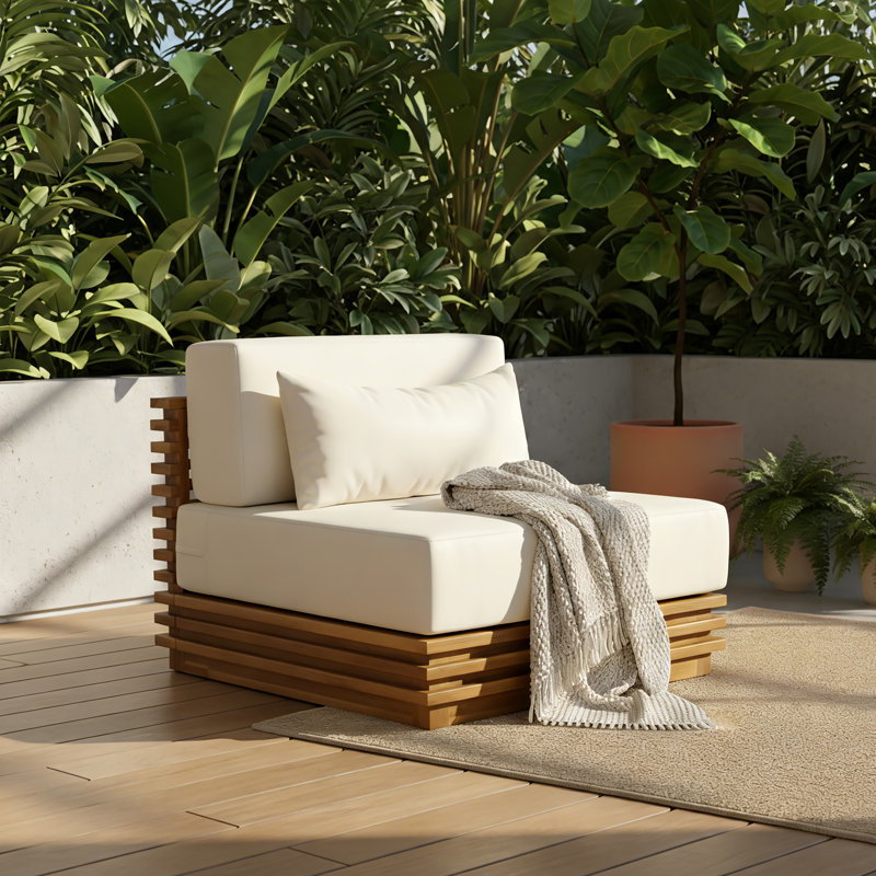Très grande chaise longue d'extérieur en bois d'acacia avec coussins Zyla