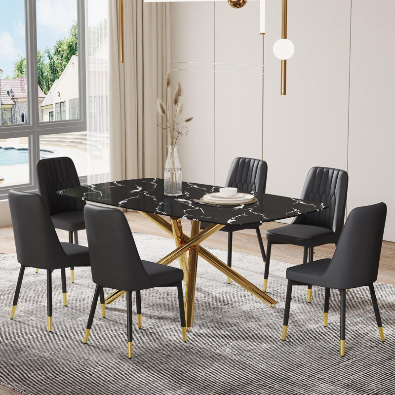Ensemble de table de salle à manger 7 pièces Reginald - Table de cuisine en verre trempé avec 6 chaises en similicuir, Black