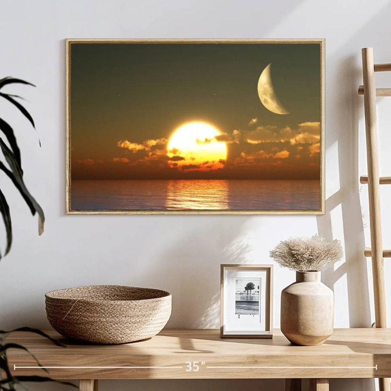 Coucher de soleil sur la lune, 25 po x 17 po, Cadre flottant en bois naturel