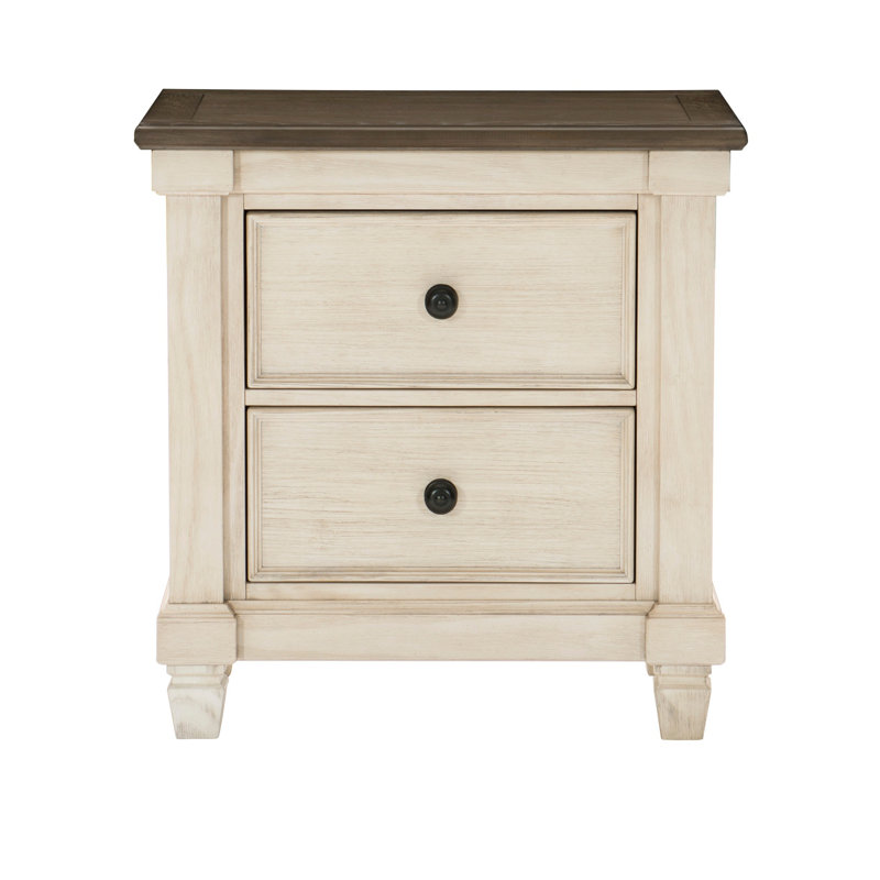 Table de chevet 1Pc de 2 tiroirs de meubles de chambre à coucher blanc antique et brun rosé, style rustique transitionnel, table de chevet