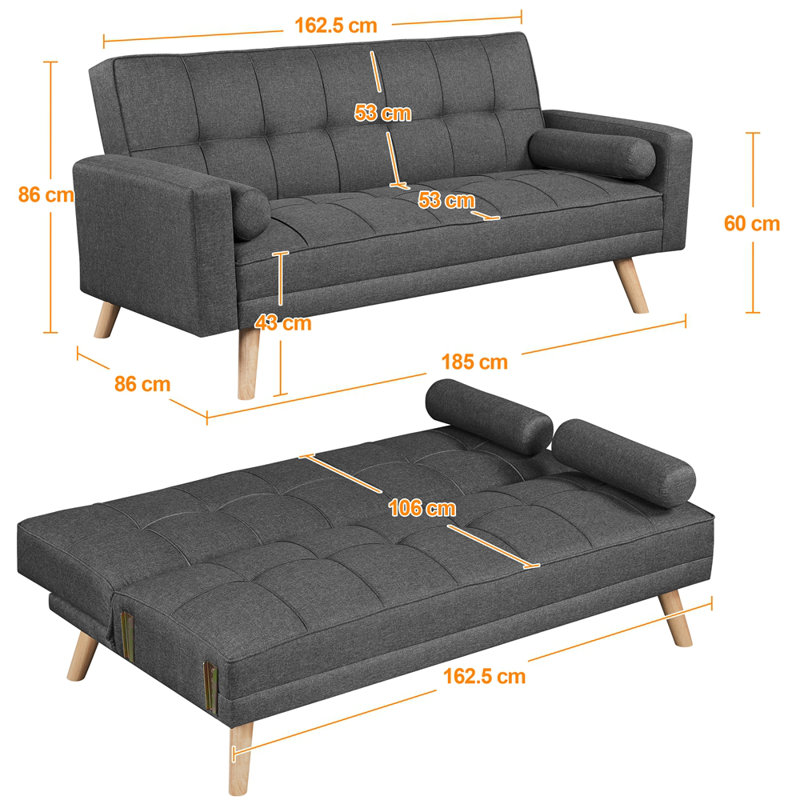 Moda Form 185CM 3 Seater Convertible Settee Sofa Bed With Armrests and 2 Bolster Pillows,, Dark Grey Polyester