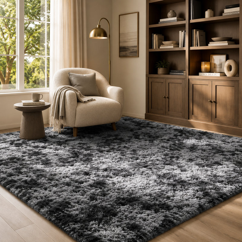 9x12 Ft Tie-Dyed Dark Gray Extra Large Shag Rugs for Living Room, Tie Dyed Soft Fluffy Furry Area Rugs for Bedroom Indoor Floor, Aesthetic Carpet for Kids Home Decor