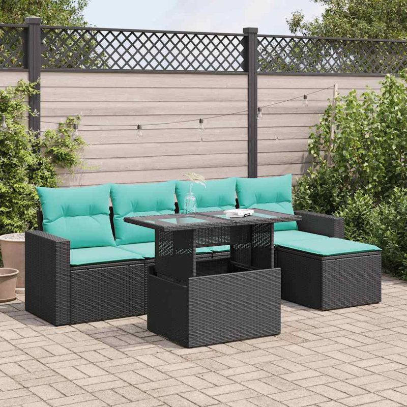  Ensemble de canapé de patio 6 pièces avec coussins en rotin polyacacia, Noir, Vert