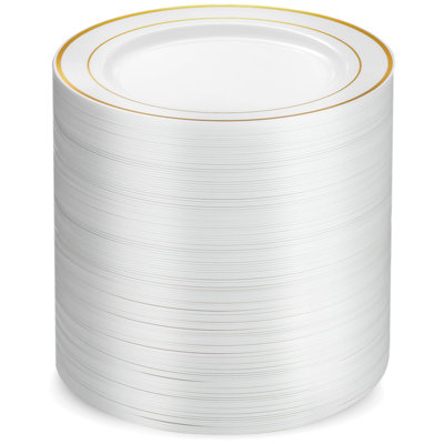Ensemble de 100 assiettes en plastique, assiettes à dessert en plastique de 7 pouces, assiettes de réception robustes, blanc avec bordure dorée
