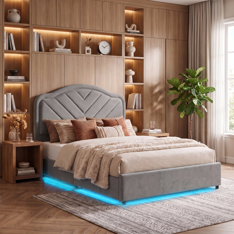 Bed Frame with Velvet Headboard, Smart Adjustable LED Light, Metal Ottoman Bed Frame With Wooden Slat Support, Gas Lift Under Bed Storage