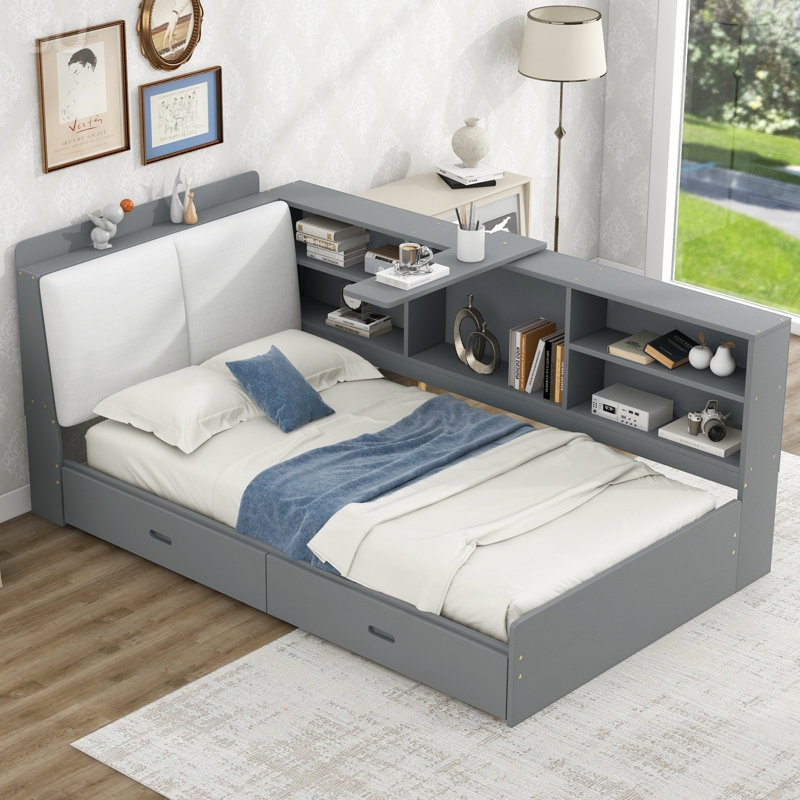 Lit plateforme en bois avec tête de lit, tablettes et 2 tiroirs, Gris antique