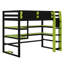 Élégant lit mezzanine en bois avec bureau intégré, support de rangement et lumière RVB-383990186-383990199