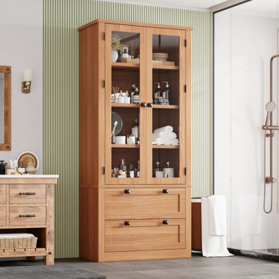 Armoire de rangement de 72 po pour garde-manger de style campagne moderne avec 2 grands tiroirs et tablettes réglables, armoire de cuisine pour la salle à manger, la salle de bain, le salon, noyer