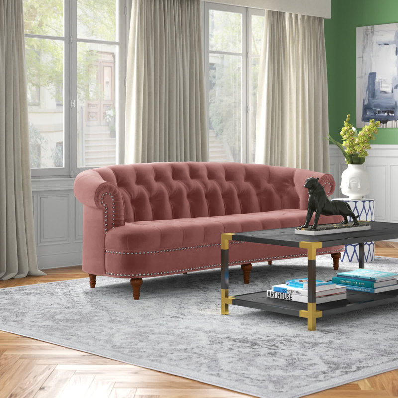 Joannes Velvet Rolled Arm Chesterfield, Ash Rose, 32" H x 83.5" W x 38" D