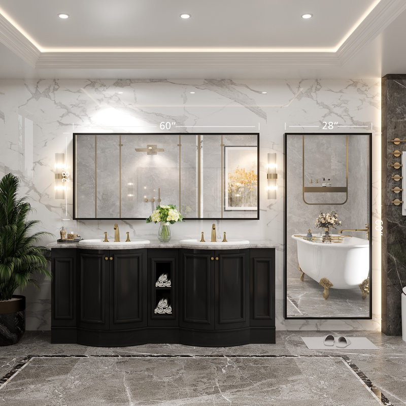 Molly Tempered Glass and Metal  Alloy Square-Corner Framed French Cleat Mounted Wall Bathroom / Vanity Mirror, 60" x 28"