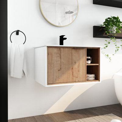 Meuble-lavabo de 30 po. Lavabo en céramique et porte à fermeture en douceur. Conception moderne en imitation chêne. Meuble-lavabo de 30 po en contreplaqué avec style. Contreplaqué. Finition