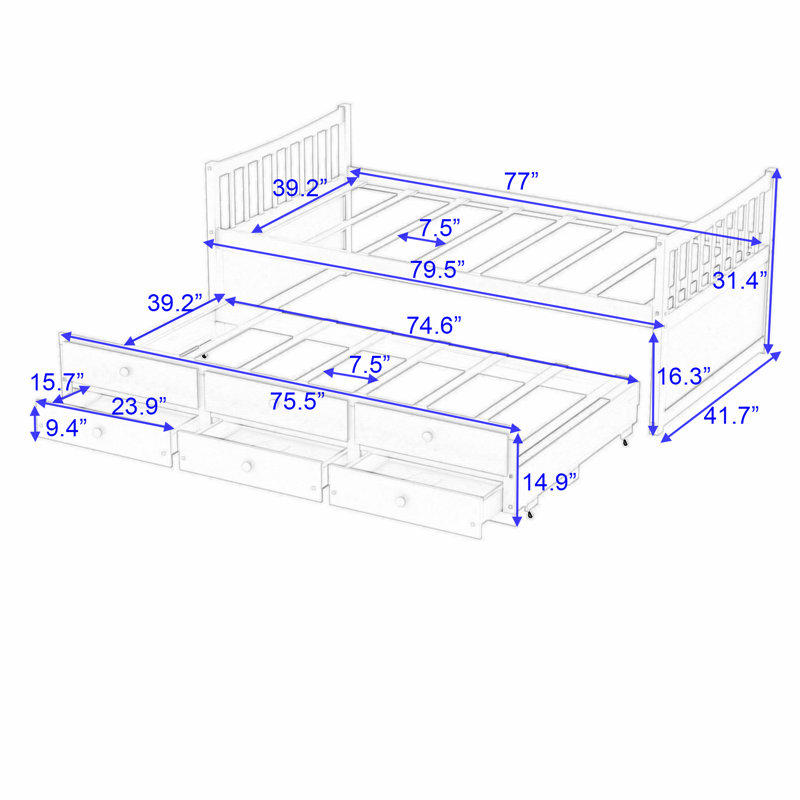  Daybed with Trundle and  Drawers, Gray, Twin