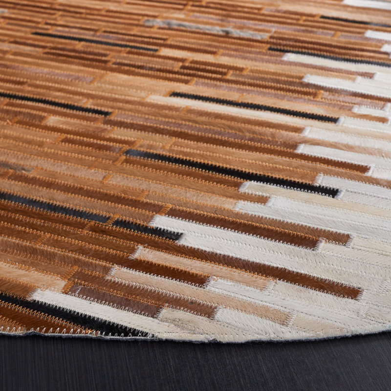 Seavey Hand Woven Leather/Felted Cloth Abstract Rug in Ivory/Brown, Round 6'