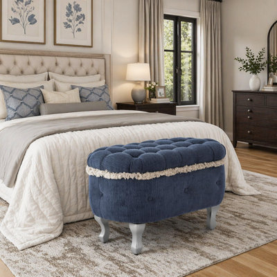 29.5'' Button-Tufted Fabric Upholstered Storage Ottoman, Elegant End of Bed Bench with Tassel Fringe for Bedroom and Entryway