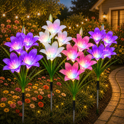 Solar Lily Flower Lights, 7 Color Changing LED Solar Garden Lights, IP65 Waterproof Outdoor Decorative Stake Lights for Yard Pathway Patio Lawn Wedding Holiday Decoration